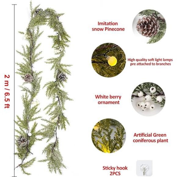 6.5Ft Christmas Decorations With Lights Artificial Wreath White Berries - Picture 3 of 7